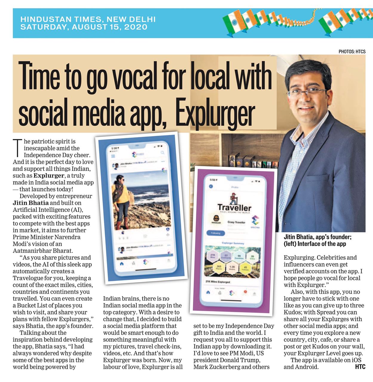 Hindustan Times Article on Explurger
